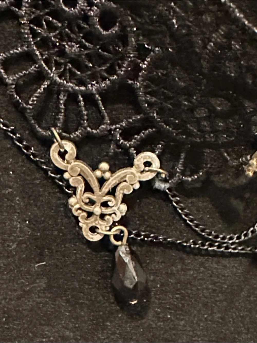 Victorian-Inspired Black Lace Choker Necklace with Gold Accents Chocker